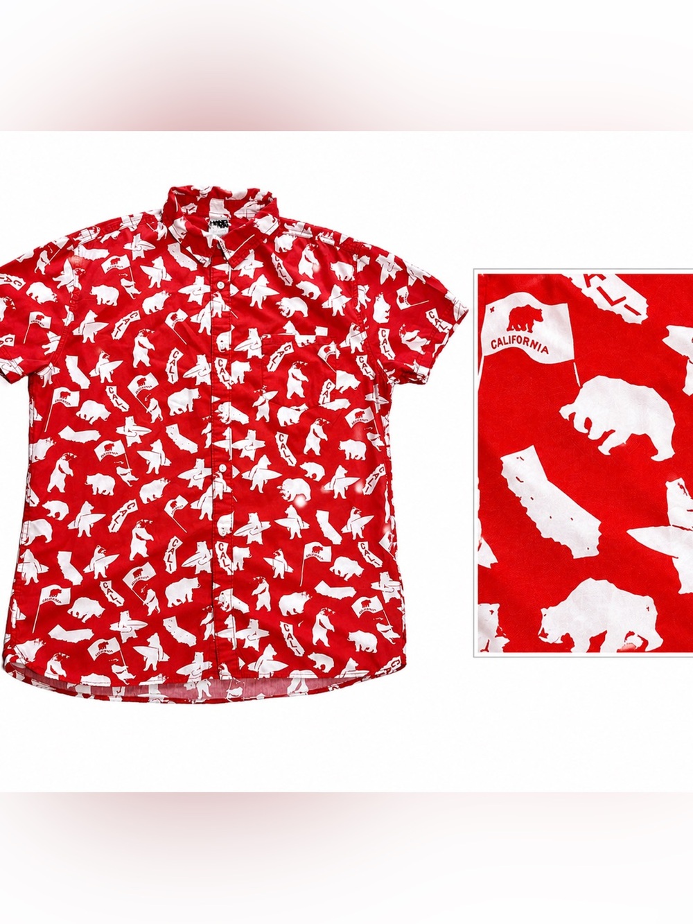 Hang Ten California Bear Surf - Red White Graphic Hawaiian Camp Shirt - XL
